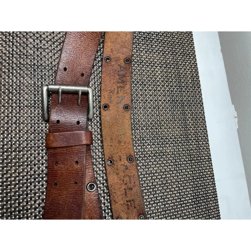 American Eagle Brown Leather Belt Wide 2 Prong Rustic Western Silver Buckle Lrge